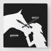 馬と女の子のキス女性のカーボーイ西部 スクエア壁時計 (正面)