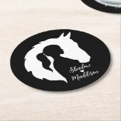 馬と女の子の馬好きシルエットハートブラック ラウンドペーパーコースター (アングル)