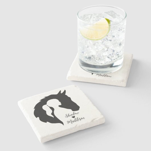 馬と女の子の馬好きシルエットハート ストーンコースター (横)