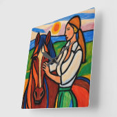 馬と女性のクレヨン風アート時計 スクエア壁時計 (傾斜)