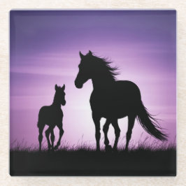 馬と子馬のシルエット ガラスコースター