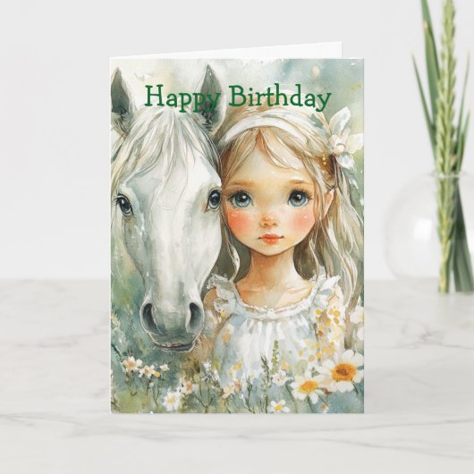 馬と小さな女の子の誕生日 カード (正面)