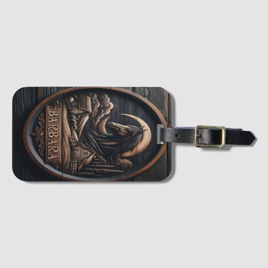 馬と月の彫刻の看板 ラゲッジタグ (正面横)