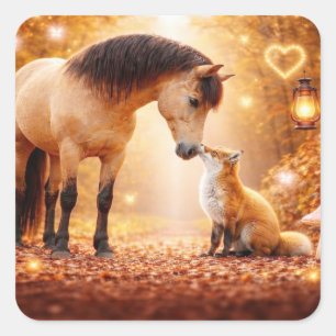 馬と狐のファンタジー・ウッドランド かわいい スクエアシール