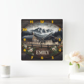 馬と納屋のある冬の山の風景 スクエア壁時計 (ホーム)