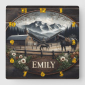 馬と納屋のある冬の山の風景 スクエア壁時計 (正面)