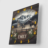 馬と納屋のある冬の山の風景 スクエア壁時計 (傾斜)