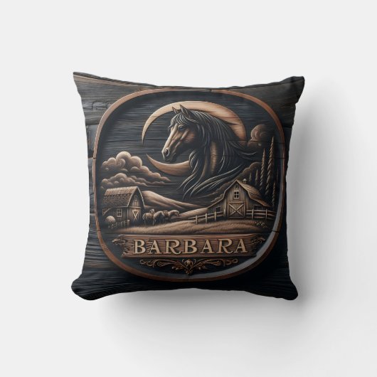 馬と納屋の風景を特色にした木彫り クッション (正面)