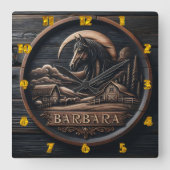 馬と納屋の風景を特色にした木彫り スクエア壁時計 (正面)