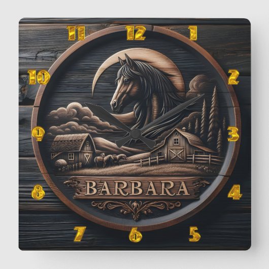 馬と納屋の風景を特色にした木彫り スクエア壁時計 (正面)