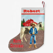馬と納屋を持つ西の大人のカウボーイ スモールクリスマスストッキング (裏面)