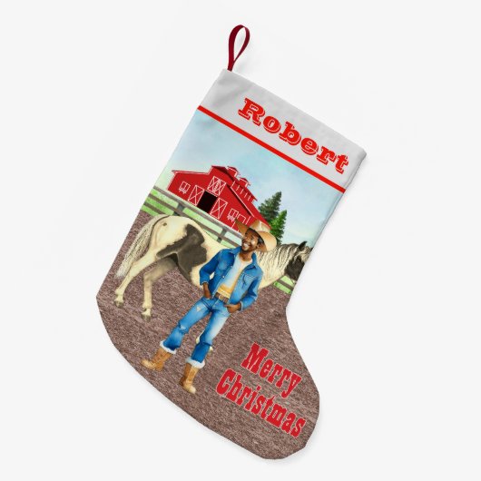 馬と納屋を持つ西の大人のカウボーイ スモールクリスマスストッキング (正面 (吊り時))