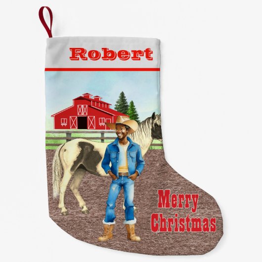馬と納屋を持つ西の大人のカウボーイ スモールクリスマスストッキング (正面)