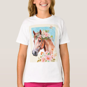 馬と花の水彩アートの女の子のTシャツ Tシャツ