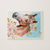 馬と花の水彩画アート ジグソーパズル (横)