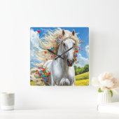 馬と花 スクエア壁時計 (ホーム)