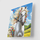 馬と花 スクエア壁時計 (傾斜)