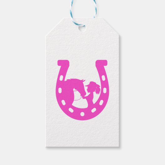 馬と西ハットのホットピンクの馬蹄付き女の子 ギフトタグ (正面)