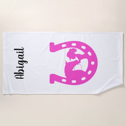 馬と西ハットのホットピンクの馬蹄付き女の子 ビーチタオル (正面)