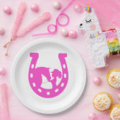 馬と西ハットのホットピンクの馬蹄付き女の子 ペーパープレート (パーティー)