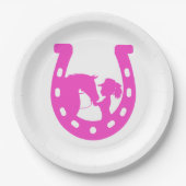 馬と西ハットのホットピンクの馬蹄付き女の子 ペーパープレート (正面)