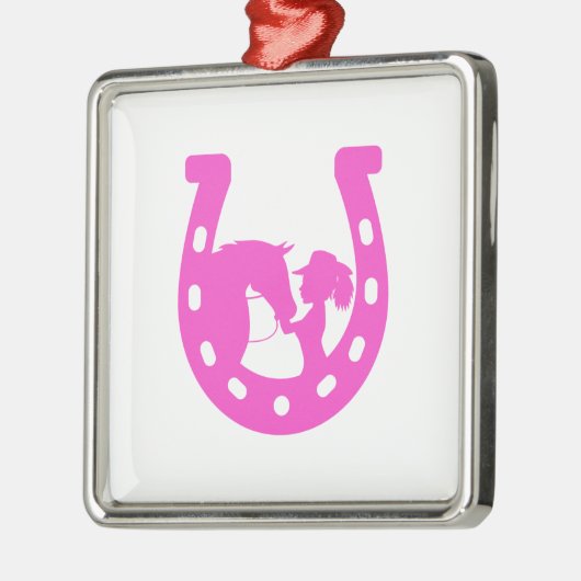 馬と西ハットのホットピンクの馬蹄付き女の子 メタルオーナメント (左)