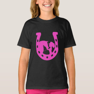 馬と西ハットのホットピンクの馬蹄付き女の子 Tシャツ