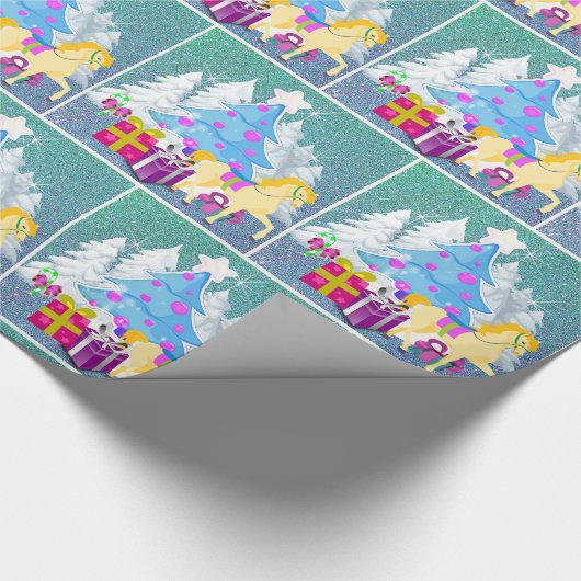 馬と贈り物を持つクリスマスツリー ラッピングペーパー (角)