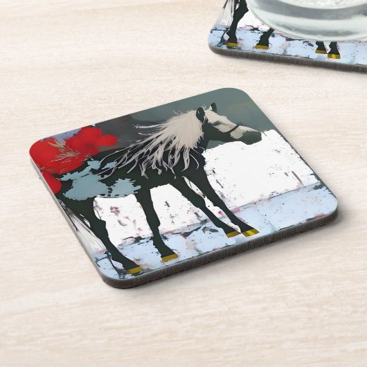 馬と赤の花の飲料用コースター コースター (左側)