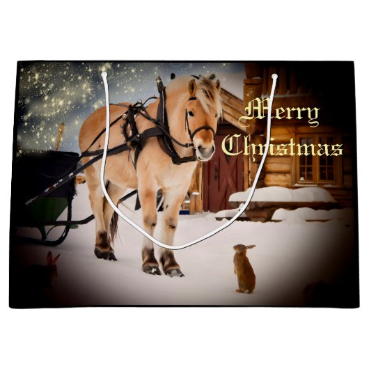 馬と農場での星空のクリスマスナイト ラージペーパーバッグ (正面)