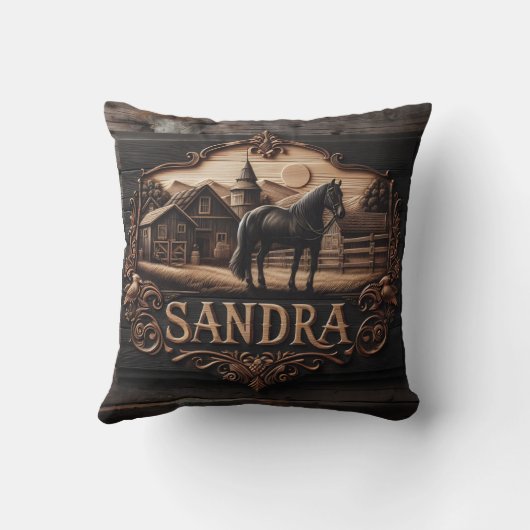 馬と農場の景観を特徴とする木製のプラーク クッション (裏面)