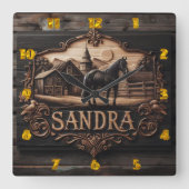 馬と農場の景観を特徴とする木製のプラーク スクエア壁時計 (正面)