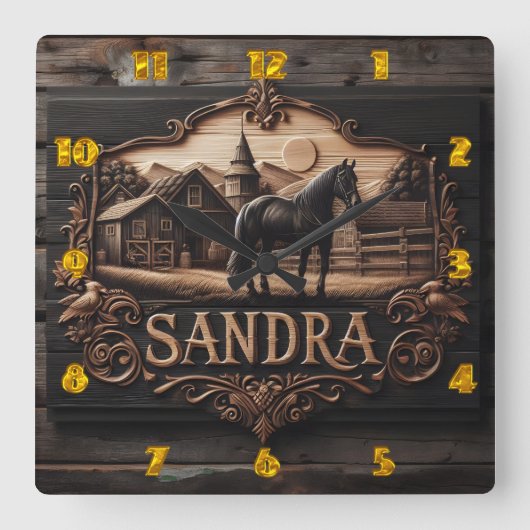馬と農場の景観を特徴とする木製のプラーク スクエア壁時計 (正面)