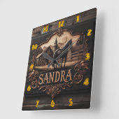 馬と農場の景観を特徴とする木製のプラーク スクエア壁時計 (傾斜)