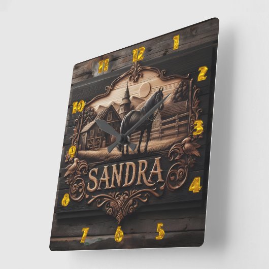 馬と農場の景観を特徴とする木製のプラーク スクエア壁時計 (傾斜)