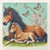 馬と馬が春で休む ガラスコースター (正面)