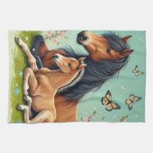 馬と馬が春で休む キッチンタオル (横)