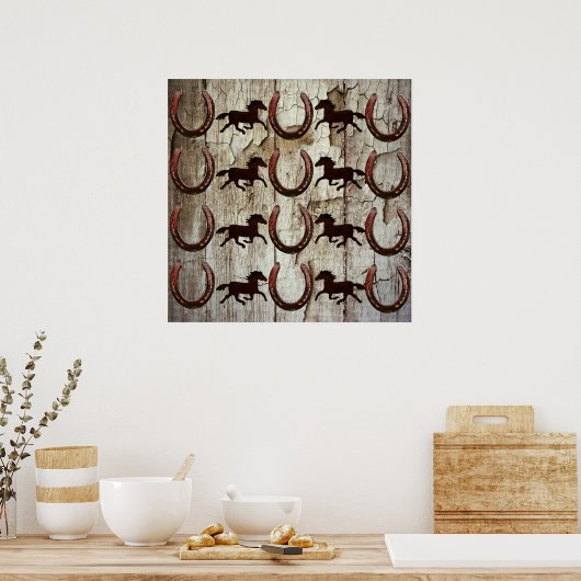 馬と馬の靴で納屋の木材カウボーイギフト ポスター (キッチン)