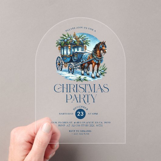 馬と馬車の青いクリスマスパーティー招待状 アクリル招待状 (インサイチュ (ポータブル))