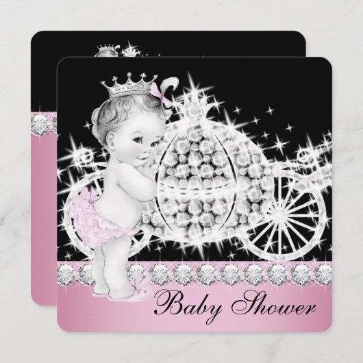 馬と馬車ピンクのプリンセス赤ちゃんシャワー 招待状 (正面/裏面)