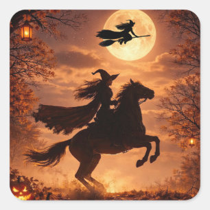 馬に乗ったハロウィンの魔女ステッカー スクエアシール