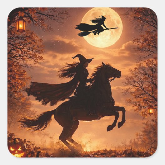 馬に乗ったハロウィンの魔女ステッカー スクエアシール (正面)