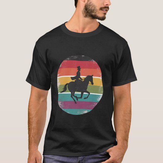 馬に乗った女の子のシルエット サンセット レトロ 馬術 Tシャツ (正面)