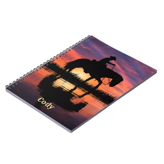馬に乗ってテキサス州の夕日をパーソナライズ名 ノートブック (左側)
