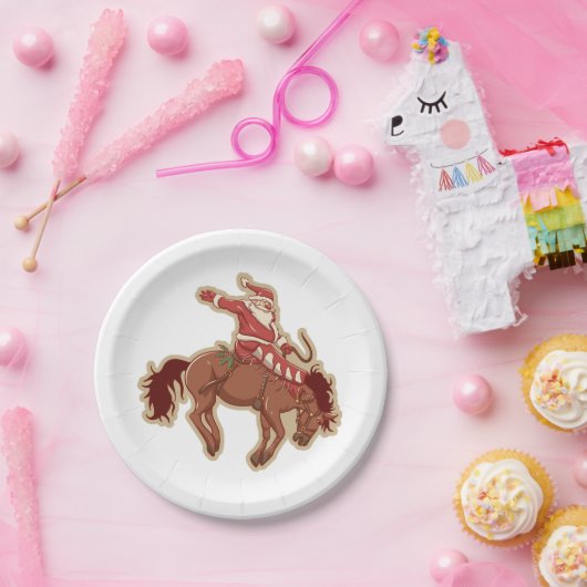 馬に乗ってライディングする漫画の赤いサンタクロース ペーパープレート (パーティー)