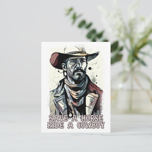 馬に乗って西部のカウボーイおもしろいことわざを救う ポストカード (スタンド正面)