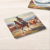 馬に乗るカウボ絵を描イー スクエアペーパーコースター (アングル)