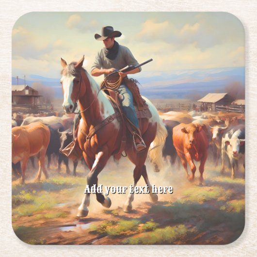 馬に乗るカウボ絵を描イー スクエアペーパーコースター (正面)