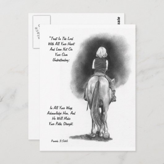 馬に乗る少女、鉛筆アート：聖書の言葉：箴言 ポストカード (正面/裏面)