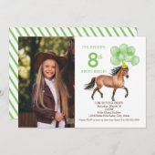 馬に乗る誕生日の写真の招待状グリーン 招待状 (正面/裏面)